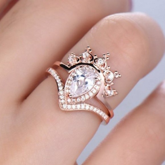 18K ROSE GOLD DESIGN TEARDROP RING SET - Picture 1 of 7